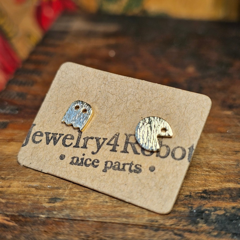 Pacman Ghost Stud Earrings Women Gold Tone Stainless Steel Retro Arcade Studs